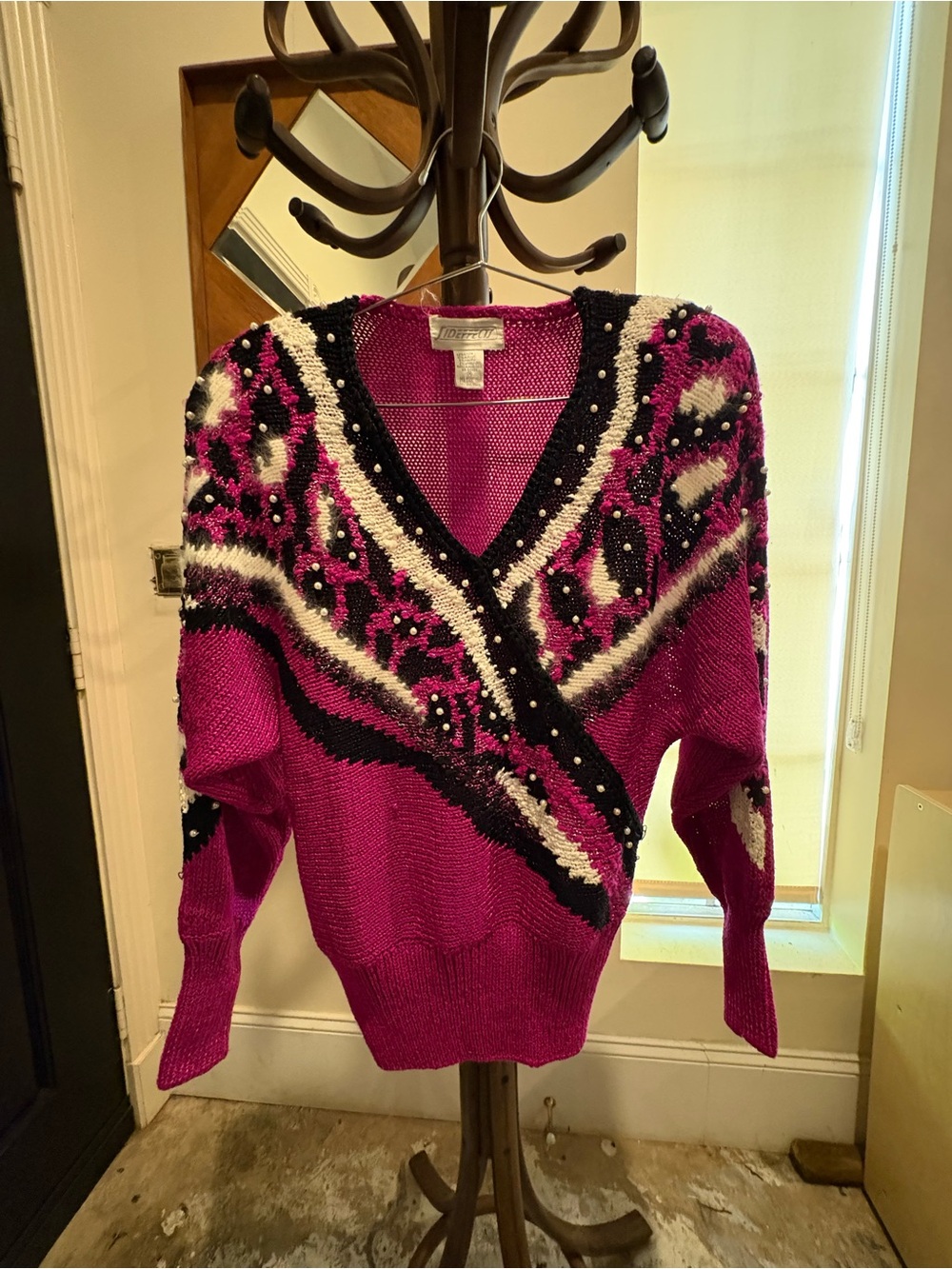 Vintage 80s Side Effects Beaded Faux Pearl Angora Lambswool Blend Sweater M